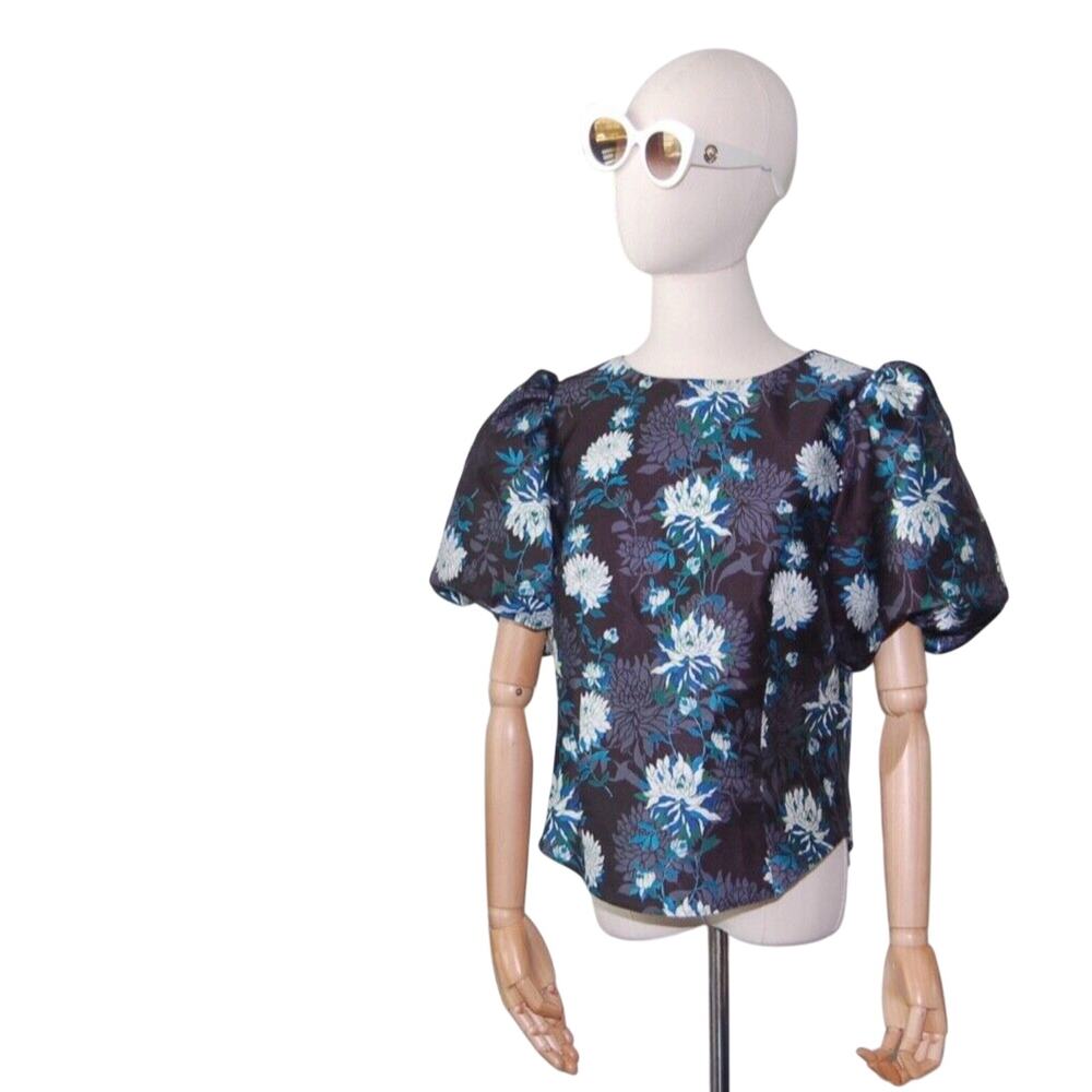 CQ by CQ Black Blue Rose Floral Puff Sleeve Elegant Chic Satin Blouse